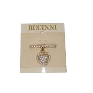 Rucinni Gold Tone Crystal Rhinestones Dangle Heart Brooch Pin